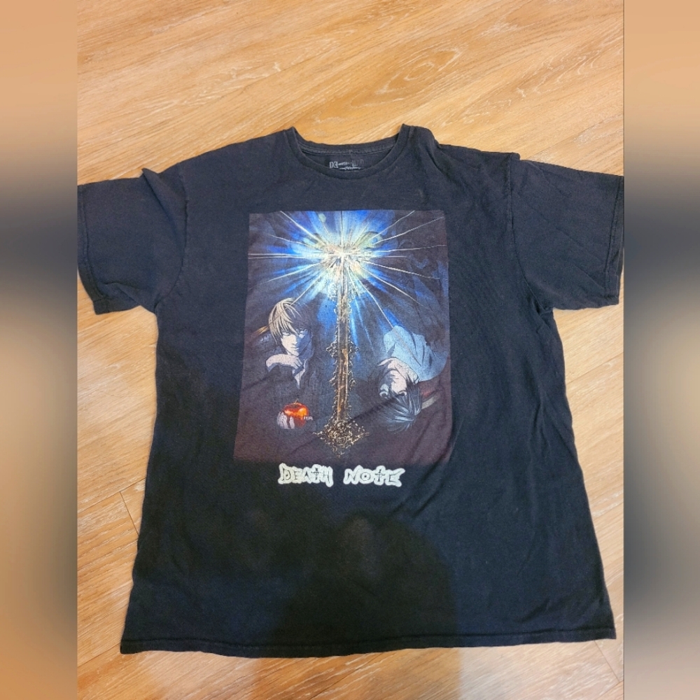 VINTAGE DEATH NOTE ANIME BLACK T-SHIRT MENS SZ LARGE SWORD FADED 90S/Y2K
